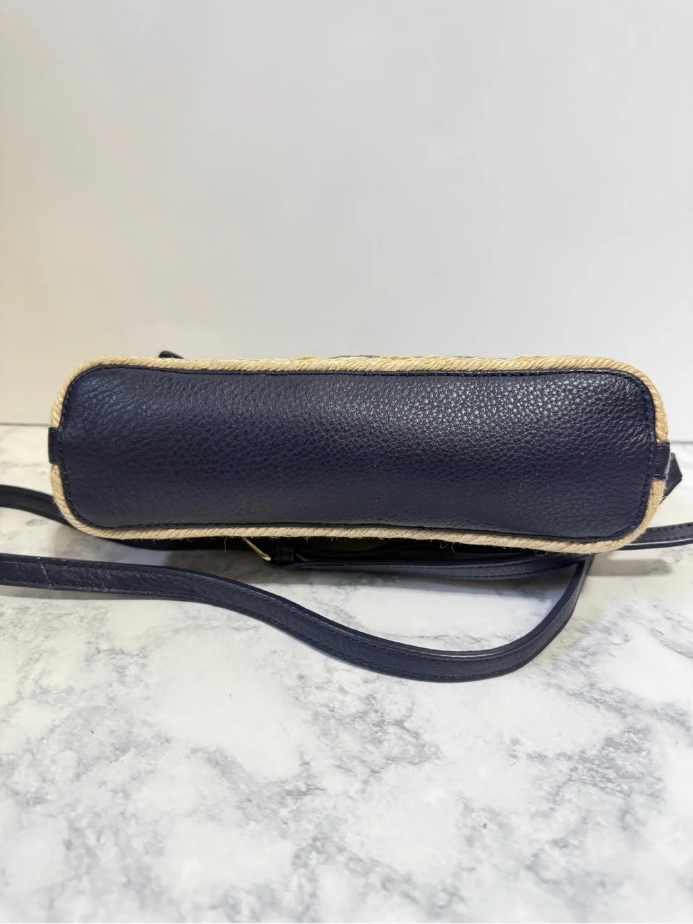 Talbots Navy Leather Crossbody Purse Pebbled Leather Woven Trim Shoulder Bag - Picture 3 of 6